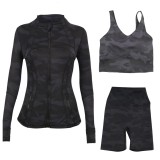 LULU DF stand-up collar jacket, U-shaped vest, three-piece set with cropped pants and gold zipper, slim-fit sports yoga wear