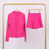 LULU branded hooded jacket and short skirt set, sports tennis skirt for women, anti-exposure fitness two-piece new style