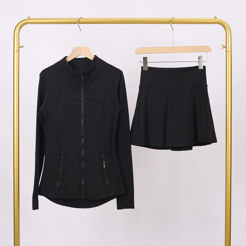 LULU branded stand-up collar jacket and skirt set, sports tennis skirt for women, anti-exposure fitness skirt, two-piece design