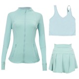 LULU sports tennis skirt, anti-exposure stand-up collar jacket, U-shaped tank top, short skirt three-piece set, yoga quick-dry pleated skirt
