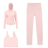 LULU DF hooded jacket, U-shaped vest, cropped pants three-piece set, starry gold zipper slim-fit yoga outfit