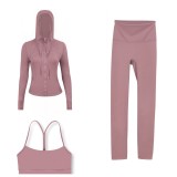 LULU DF Embossed Hooded Jacket, Y-Back Vest, Cropped Pants Three-Piece Set, Starry Gold Zipper Yoga Outfit