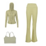 LULU DF Embossed Hooded Jacket, Y-shaped Vest, Bell-bottom Pants Three-piece Set, Starry Gold Zipper Yoga Outfit