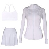 LULU Sports Tennis Skirt Anti-Exposure Embossed Stand-Up Collar Jacket Y-Back Vest Short Skirt Three-Piece Yoga Quick-Dry Set
