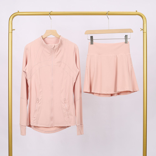 LULU branded stand-up collar jacket and skirt set, sports tennis skirt for women, anti-exposure fitness skirt, two-piece design