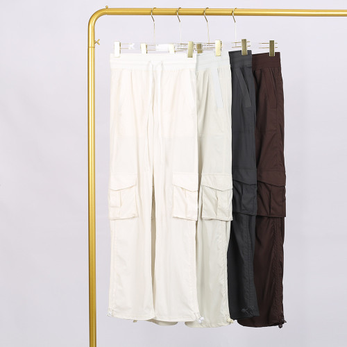 LULU Nude High-Waisted Drawstring Cargo Pants with Pockets for Women, Loose Slimming Long Pants for Yoga, Sports, and Fitness