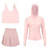 LULU Sports Tennis Skirt with Hooded Jacket and U-Back Tank Top Set for Women, Anti-Exposure Fitness Short Skirt, Two-in-One Design