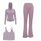 LULU DF hooded jacket, U-shaped vest, bell-bottom pants three-piece set, starry gold zipper slim-fit yoga outfit