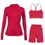 LULU DF stand-up collar jacket, Y-back vest, three-quarter pants, three-piece set with gold zipper, sporty slim-fit yoga wear