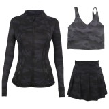 LULU sports tennis skirt, anti-exposure stand-up collar jacket, U-shaped tank top, short skirt three-piece set, yoga quick-dry pleated skirt