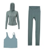 LULU DF hooded jacket, U-shaped vest, cropped pants three-piece set, starry gold zipper slim-fit yoga outfit