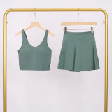LULU Women's Sports Tennis Skirt Anti-Exposure Fitness U-Back Vest Short Skirt Set Fake Two-Piece Yoga Shorts Fashionable