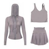 LULU Sports Tennis Skirt with Hooded Jacket and U-Back Tank Top Set for Women, Anti-Exposure Fitness Short Skirt, Two-in-One Design
