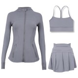 LULU Sports Tennis Skirt Anti-Exposure Embossed Stand-Up Collar Jacket Y-Back Vest Short Skirt Three-Piece Yoga Quick-Dry Set