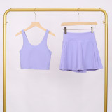 LULU Women's Sports Tennis Skirt Anti-Exposure Fitness U-Back Vest Short Skirt Set Fake Two-Piece Yoga Shorts Fashionable