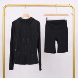 LULU DF hooded jacket and shorts set with gold zipper, slim fit, stretchy, quick-drying, fitness, sports, yoga wear for women