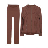 Embossed Stand Collar Jacket and Cropped Pants Set with Gold Zipper, Slim Fit, Stretchy, Quick-Dry Fitness Yoga Wear