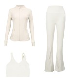 LULU DF stand-up collar jacket, U-shaped vest, bell-bottom pants three-piece set with gold zipper, sports fitness slim-fit yoga wear