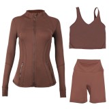 LULU DF stand-up collar jacket, U-shaped vest, three-piece set with cropped pants and gold zipper, slim-fit sports yoga wear
