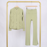 LULU Bell-bottom Pants DF Stand-up Collar Jacket Set with Gold Zipper Top, Women's Slim Fit Coat, Stretchy Yoga Outfit for Women