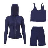 LULUDF Embossed Hooded Jacket, U-Shaped Vest, Three-Quarter Pants, Three-Piece Set, Gold Zipper Yoga Outfit, Long Sleeve