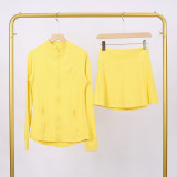 LULU branded stand-up collar jacket and skirt set, sports tennis skirt for women, anti-exposure fitness skirt, two-piece design