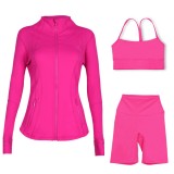 LULU DF stand-up collar jacket, Y-back vest, three-quarter pants, three-piece set with gold zipper, sporty slim-fit yoga wear