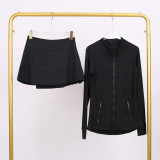 LULU Embossed Stand Collar Jacket and Three-Pleat Skirt Set for Fitness and Sports, Faux Two-Piece Anti-Exposure Elastic Tennis Skirt