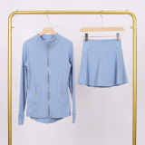 LULU DF Stand Collar Jacket and Skirt Set with Gold Zipper, Slim Fit Jacket, Stretchy Quick-Dry Fitness Yoga Outfit