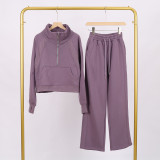 LULU Women's Yoga Outfit: Loose Fit Stand Collar Sweatshirt with Half Zipper and Sweatpants Set, Casual Loose Short Style with Fleece Lining