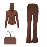 LULU DF Embossed Hooded Jacket, Y-shaped Vest, Bell-bottom Pants Three-piece Set, Starry Gold Zipper Yoga Outfit