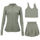 LULU sports tennis skirt, anti-exposure stand-up collar jacket, U-shaped tank top, short skirt three-piece set, yoga quick-dry pleated skirt