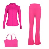 LULU DF Embossed Stand Collar Jacket, Y-shaped Vest, Flared Pants Three-piece Set with Gold Zipper, Sports Fitness Yoga Outfit