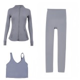 LULU DF stand-up collar jacket, U-shaped vest, cropped pants three-piece set, starry gold zipper slim-fit yoga wear