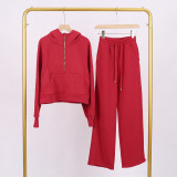 LULU Women's Yoga Wear Half-Zip Loose Hoodie Sweatshirt and Sweatpants Set Casual Loose Short Style with Fleece Lining