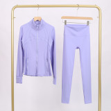 Embossed Stand Collar Jacket and Cropped Pants Set with Gold Zipper, Slim Fit, Stretchy, Quick-Dry Fitness Yoga Wear