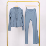 LULU in-stock hooded jacket with embossed logo, flared pants set, running and yoga wear, slim-fit zip-up cardigan with long sleeves