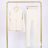 LULU Bell-bottom Pants DF Stand-up Collar Jacket Set with Gold Zipper Top, Women's Slim Fit Coat, Stretchy Yoga Outfit for Women