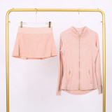 LULU Embossed Stand Collar Jacket and Three-Pleat Skirt Set for Fitness and Sports, Faux Two-Piece Anti-Exposure Elastic Tennis Skirt