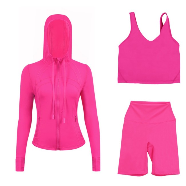 LULUDF Embossed Hooded Jacket, U-Shaped Vest, Three-Quarter Pants, Three-Piece Set, Gold Zipper Yoga Outfit, Long Sleeve