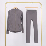 Embossed Stand Collar Jacket and Cropped Pants Set with Gold Zipper, Slim Fit, Stretchy, Quick-Dry Fitness Yoga Wear
