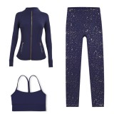 LULU DF Stand Collar Jacket, Y-Back Vest, Nine-Quarter Pants Three-Piece Set, Starry Gold Zipper Slim Fit Yoga Outfit