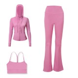 LULU DF Embossed Hooded Jacket, Y-shaped Vest, Bell-bottom Pants Three-piece Set, Starry Gold Zipper Yoga Outfit