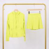 LULU branded hooded jacket and short skirt set, sports tennis skirt for women, anti-exposure fitness two-piece new style