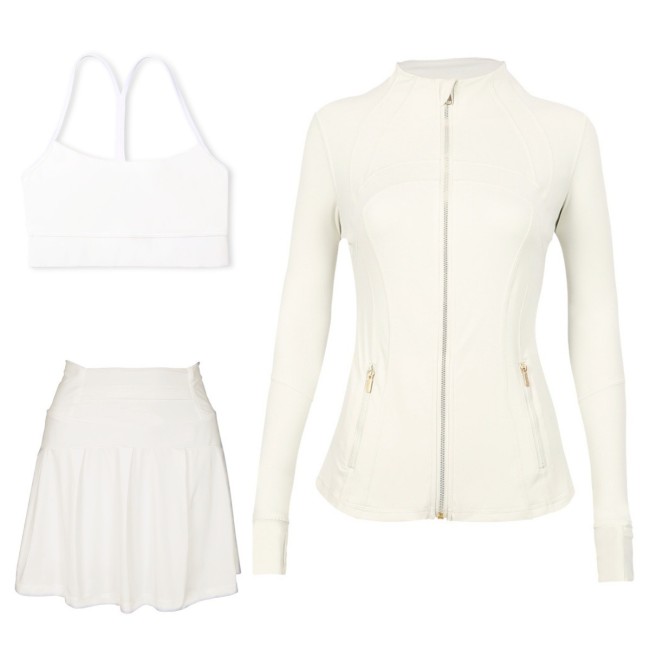 LULU Sports Tennis Skirt Anti-Exposure Embossed Stand-Up Collar Jacket Y-Back Vest Short Skirt Three-Piece Yoga Quick-Dry Set