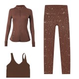LULU DF stand-up collar jacket, U-shaped vest, cropped pants three-piece set, starry gold zipper slim-fit yoga wear