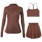 LULU Sports Tennis Skirt Anti-Exposure Embossed Stand-Up Collar Jacket Y-Back Vest Short Skirt Three-Piece Yoga Quick-Dry Set