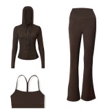 LULU DF Embossed Hooded Jacket, Y-shaped Vest, Bell-bottom Pants Three-piece Set, Starry Gold Zipper Yoga Outfit