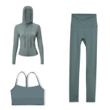 LULU DF Embossed Hooded Jacket, Y-Back Vest, Cropped Pants Three-Piece Set, Starry Gold Zipper Yoga Outfit