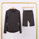 LULU DF Embossed Stand Collar Jacket and Shorts Set with Gold Zipper, Slim Fit, Stretchy, Quick-Dry Fitness Yoga Wear